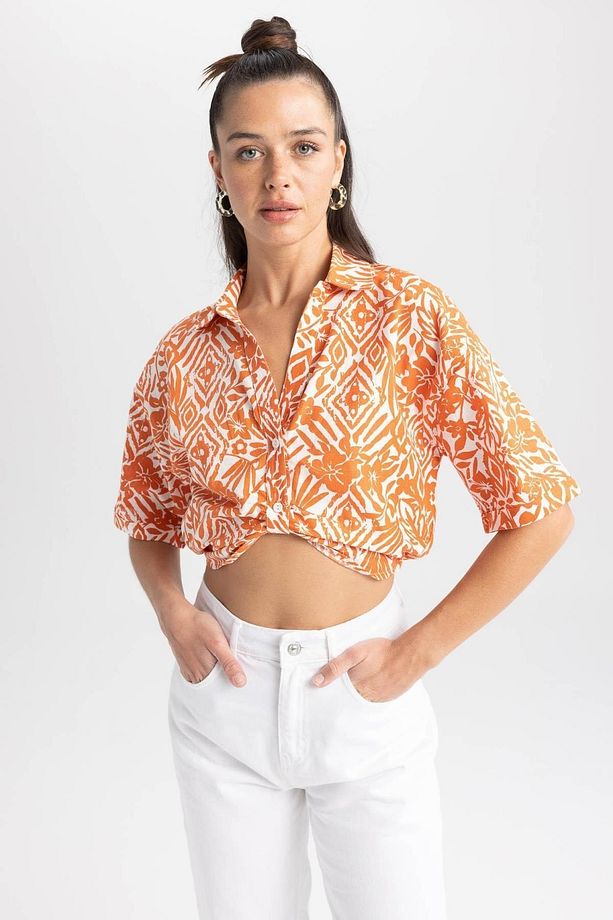 Regular Fit V Yaka Desenli Kısa Kollu Crop %100 Pamuk Gömlek A6860ax23sm - 6