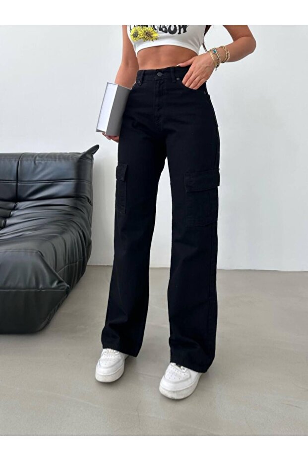 Black Cargo Pocket Trend High Waist Colorfast Quality Plus