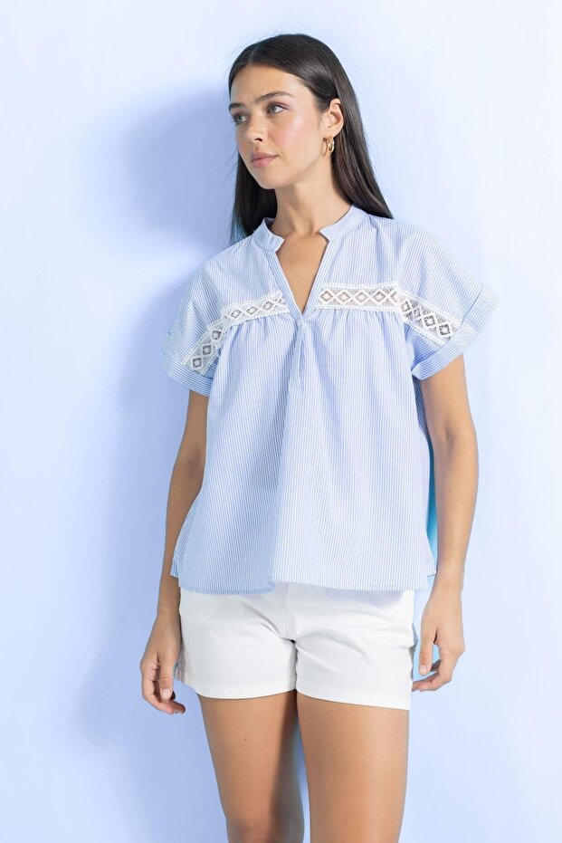 Bicycle Collar Crop Short Sleeve 100% Cotton Blouse A9400ax23hs