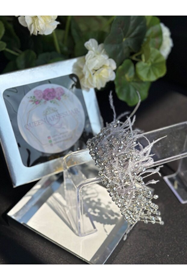 Luxury crystal stone feathered bridal henna engagement crown design rendering queen crown shiny silver grey