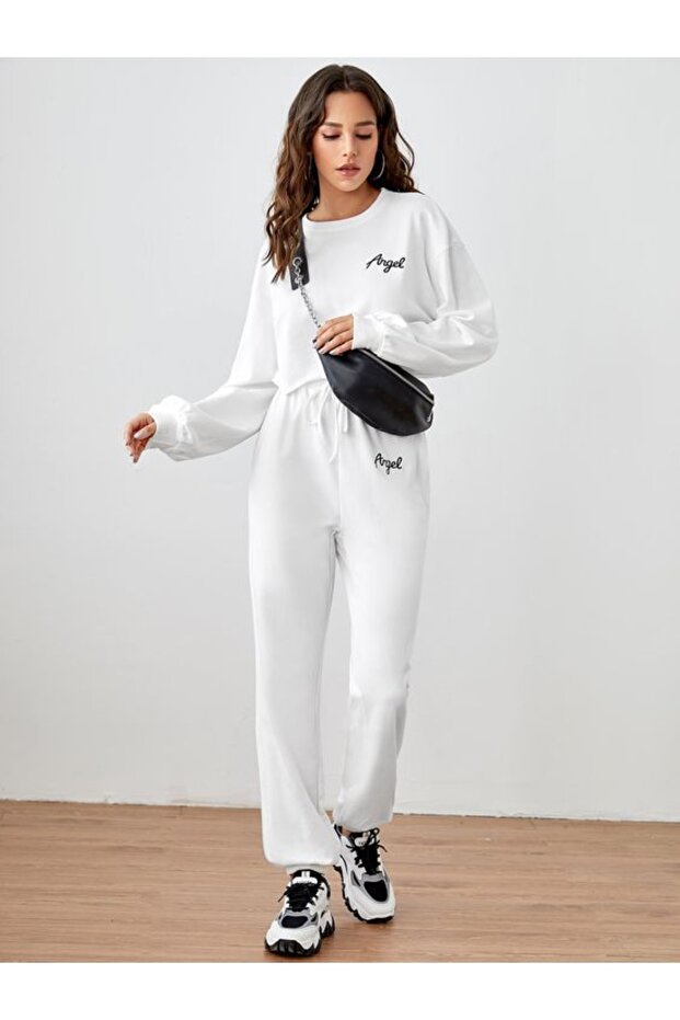 Women's Angel Print Detailed 3 Thread Crew Neck Bottom-Top Tracksuit Set