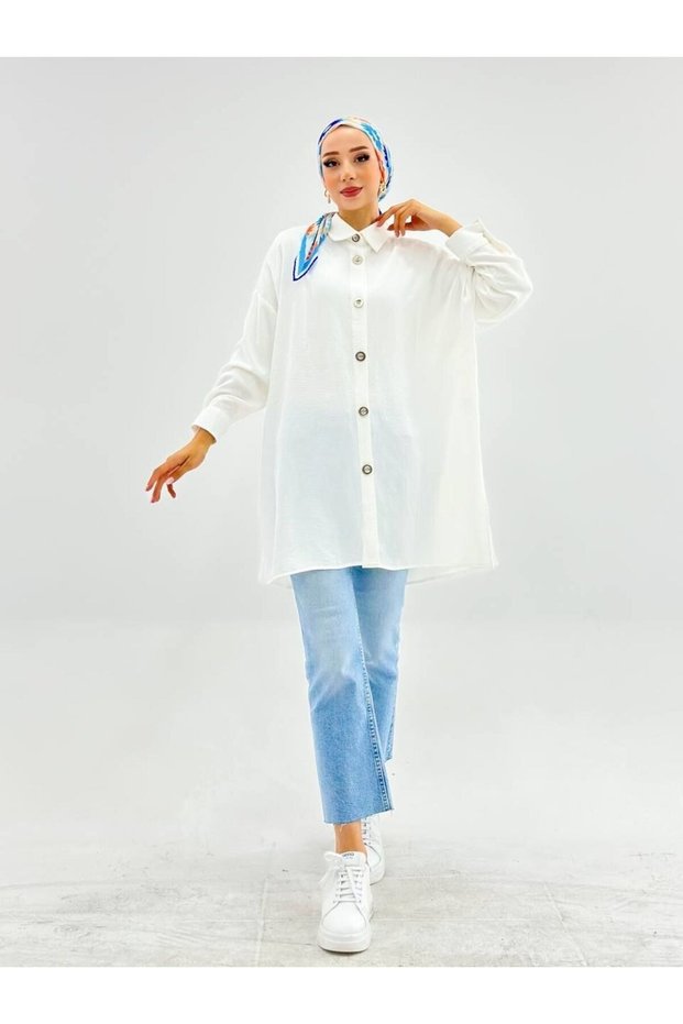 White Aerobin Women's Shirt with Hijab Buttons - Standard