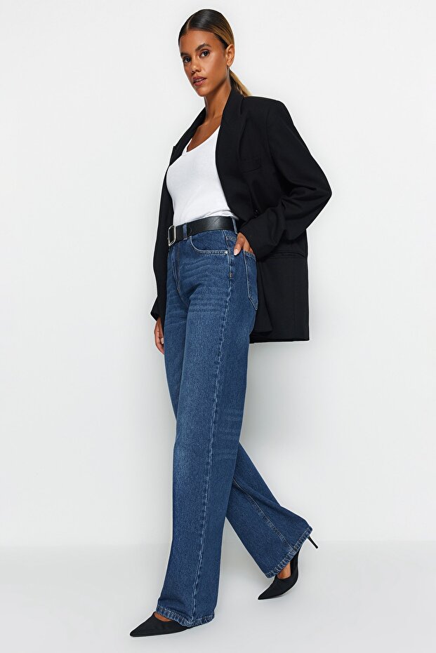 Koyu Mavi Yüksek Bel Geniş Paça Wide Leg Geniş Paça %100 Pamuk Non-Stretch Jeans TWOAW24JE00074 - 2