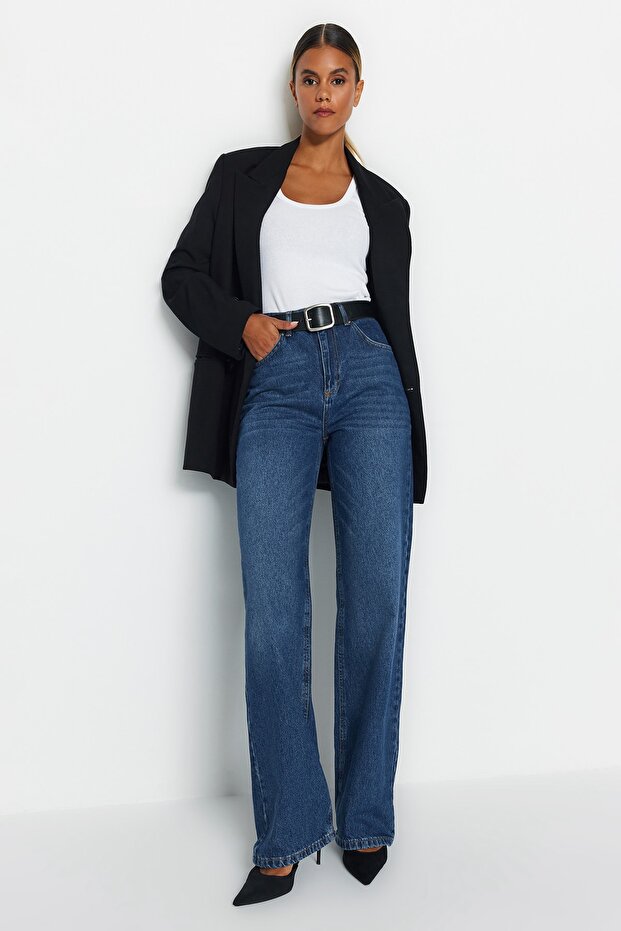 Koyu Mavi Yüksek Bel Geniş Paça Wide Leg Geniş Paça %100 Pamuk Non-Stretch Jeans TWOAW24JE00074 - 1
