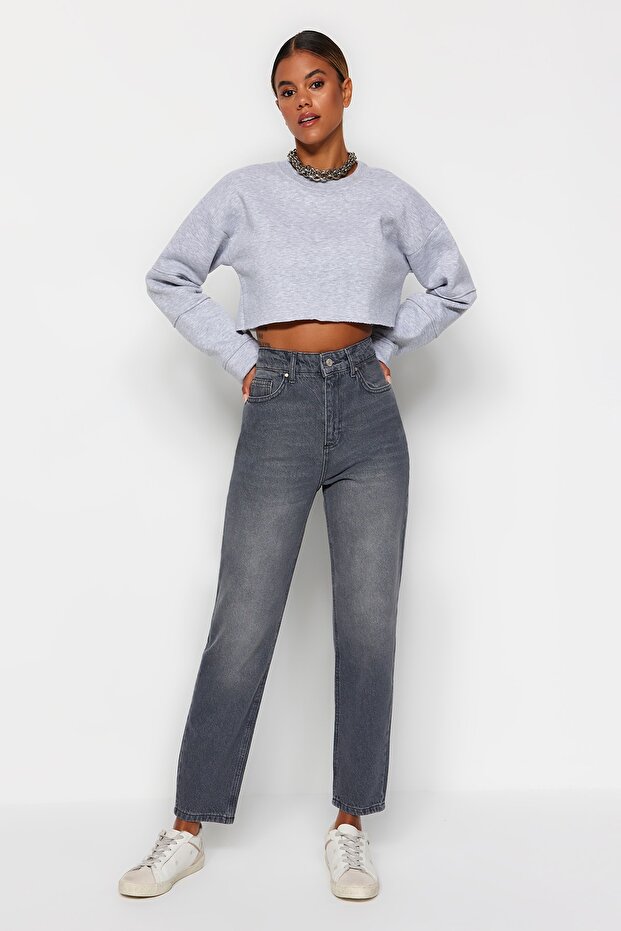 Gri Yüksek Bel Mom %100 Pamuk Non-Stretch Jeans TWOAW24JE00076 - 1