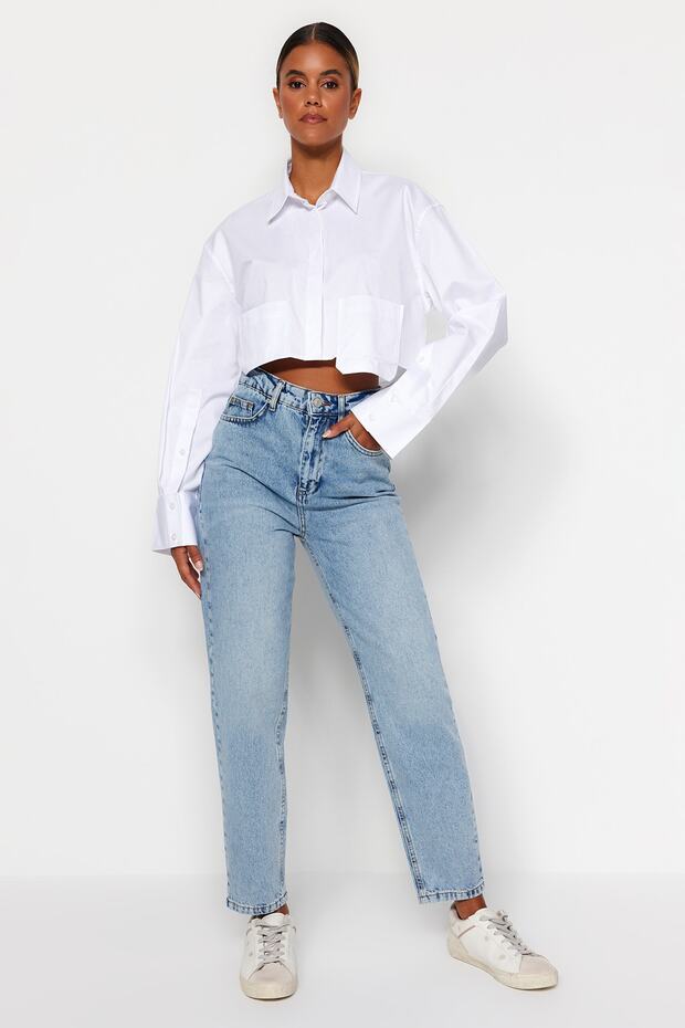 Açık Mavi Yüksek Bel Mom %100 Pamuk Non-Stretch Jeans TWOAW24JE00076 - 1