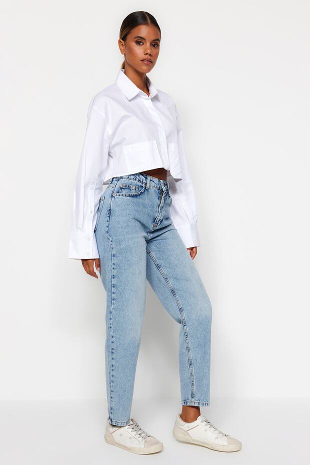 Açık Mavi Yüksek Bel Mom %100 Pamuk Non-Stretch Jeans TWOAW24JE00076 - 2