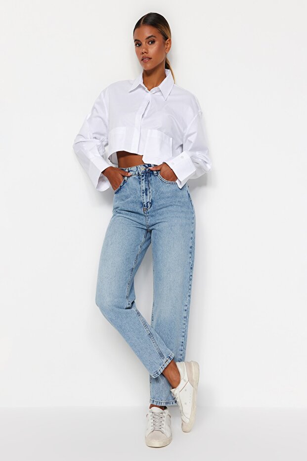Açık Mavi Yüksek Bel Mom %100 Pamuk Non-Stretch Jeans TWOAW24JE00076 - 3