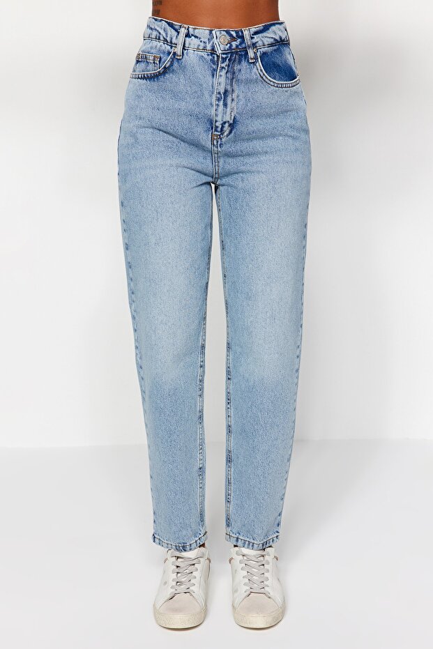 Açık Mavi Yüksek Bel Mom %100 Pamuk Non-Stretch Jeans TWOAW24JE00076 - 4