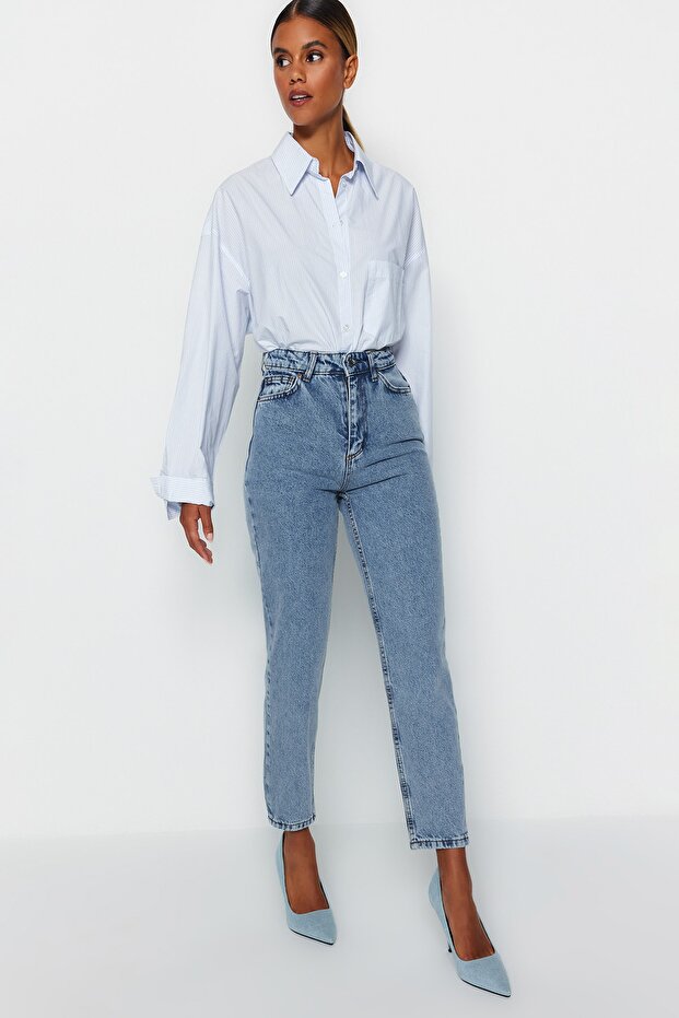Indigo Yüksek Bel Mom %100 Pamuk Non-Stretch Jeans TWOSS23JE00067 - 3