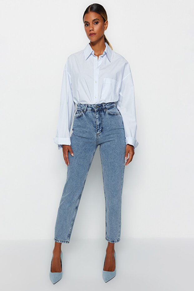 Indigo Yüksek Bel Mom %100 Pamuk Non-Stretch Jeans TWOSS23JE00067 - 4