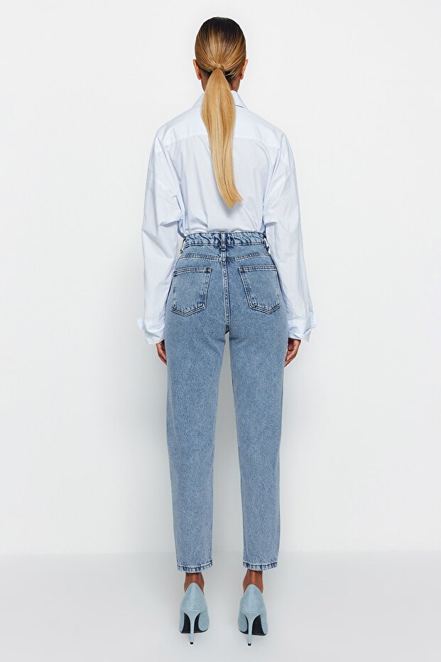 Indigo Yüksek Bel Mom %100 Pamuk Non-Stretch Jeans TWOSS23JE00067 - 6