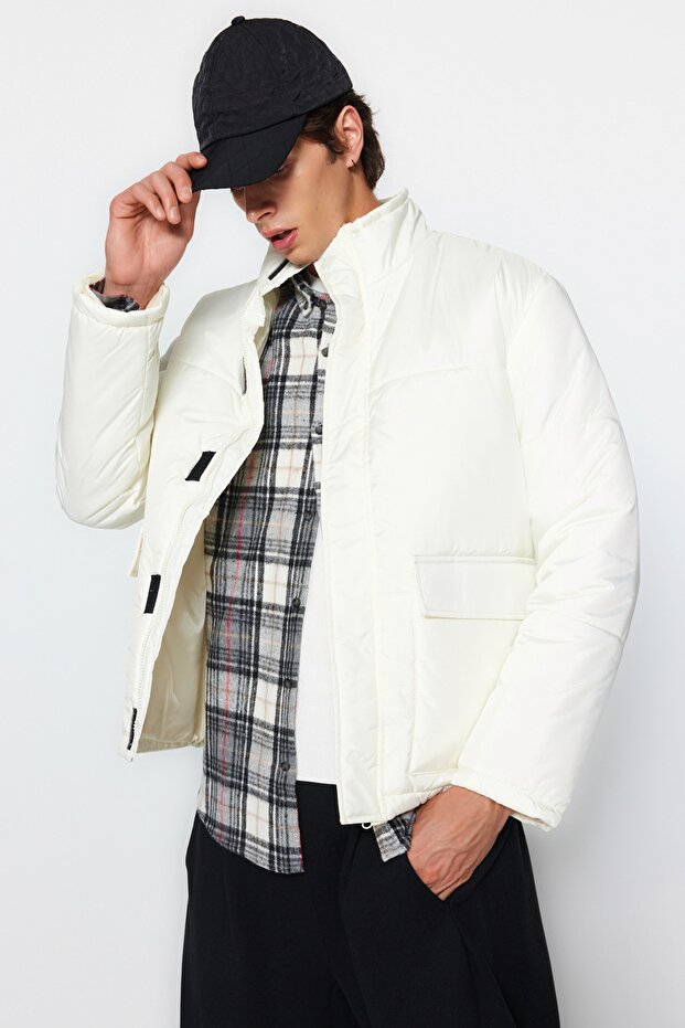 Ecru Puffer Winter Jacket - Regular Fit, with Pockets TMNAW22MO0090