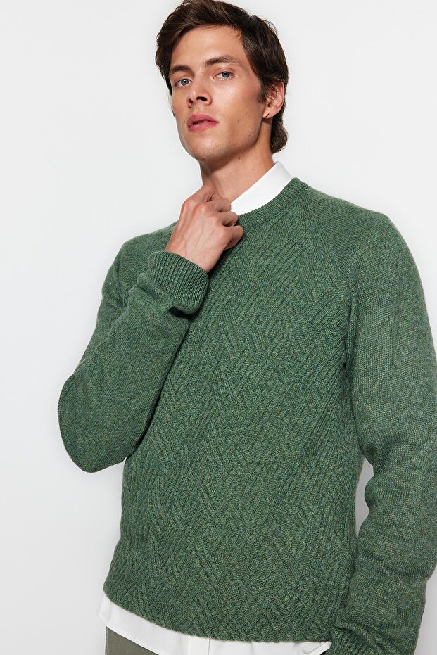 Mint Unisex Fit Yünlü Bisiklet Yaka Reglan Kol Dokulu Triko Kazak TMNAW22KZ0290 - 1