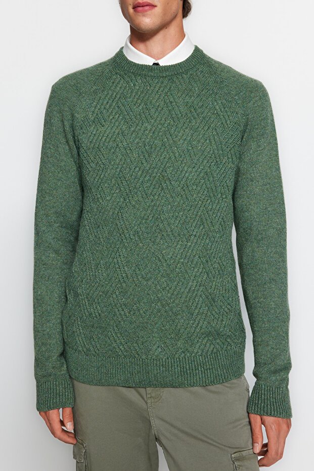 Mint Unisex Fit Yünlü Bisiklet Yaka Reglan Kol Dokulu Triko Kazak TMNAW22KZ0290 - 3
