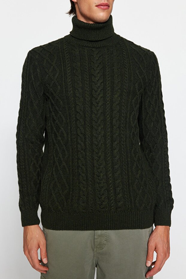 Haki Slim Fit Yünlü Balıkçı Yaka Saç Örgü Triko Kazak TMNAW22KZ0302 - 3