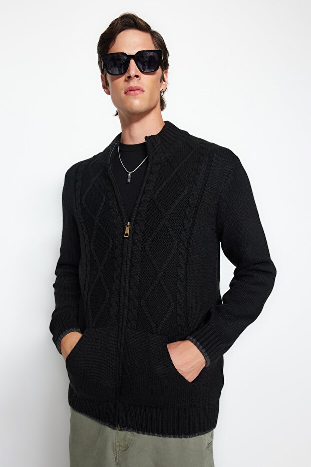 Siyah Slim Fit Yünlü Örgü Detaylı Fermuarlı Cepli Triko Hırka TMNAW21HI0349 - 2