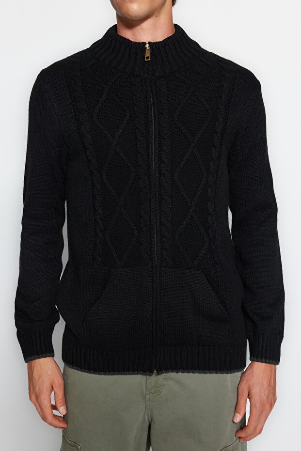 Siyah Slim Fit Yünlü Örgü Detaylı Fermuarlı Cepli Triko Hırka TMNAW21HI0349 - 5