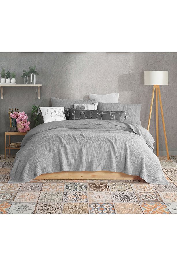 Açık Gri Çift Kişilik 240x250cm Yatak Örtüsü/2 Adet 50x70cm Yastık 4 Katlı Multi Muslin %100 Pamuk - 1
