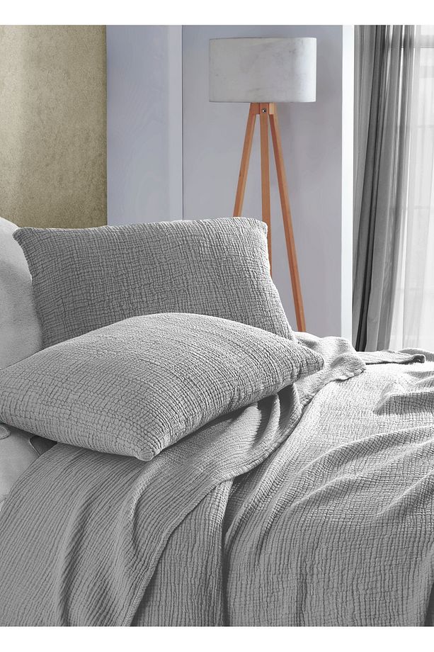Açık Gri Çift Kişilik 240x250cm Yatak Örtüsü/2 Adet 50x70cm Yastık 4 Katlı Multi Muslin %100 Pamuk - 4
