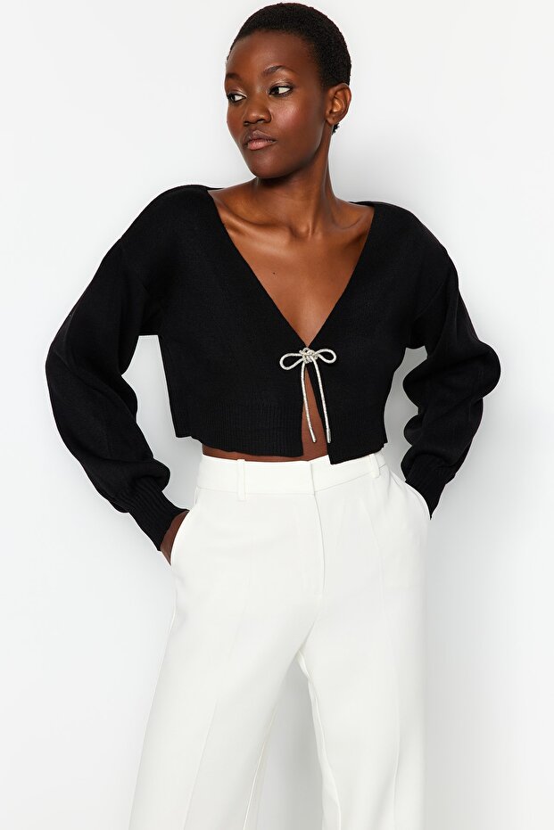 Siyah Süper Crop Basic Fiyonklu Triko Hırka TWOAW24HI00315 - 6