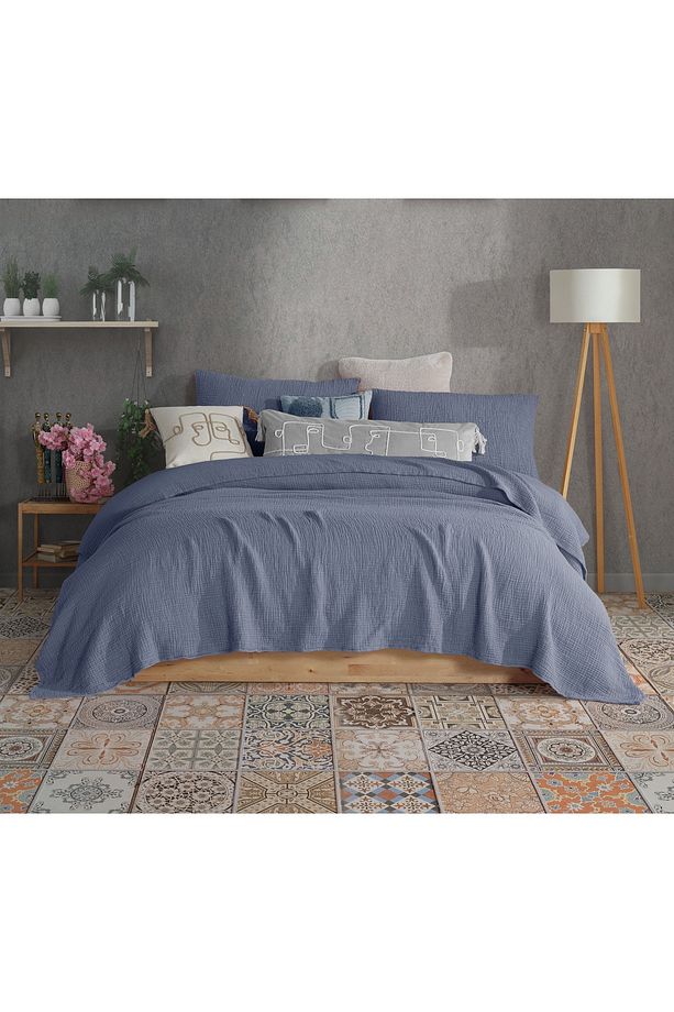 Koyu Mavi Tek Kişilik 160x240cm Yatak Örtüsü/1 Adet 50x70cm Yastık 4 Katlı Multi Muslin %100 Pamuk - 1