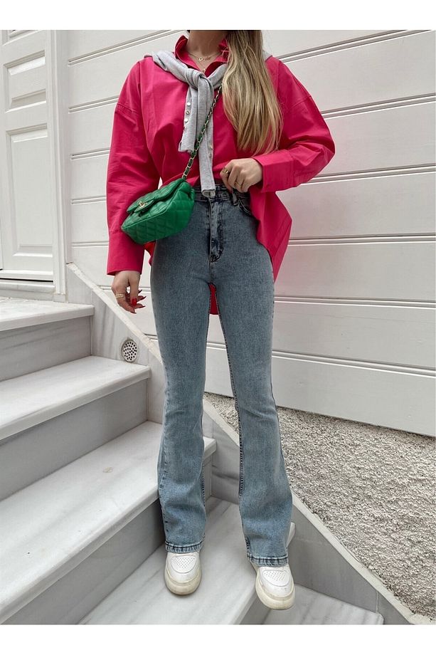 Poema Ispanyol Yüksek Bel Solmaz Mavi Kar Kot Pantolon Flare Jean - 5