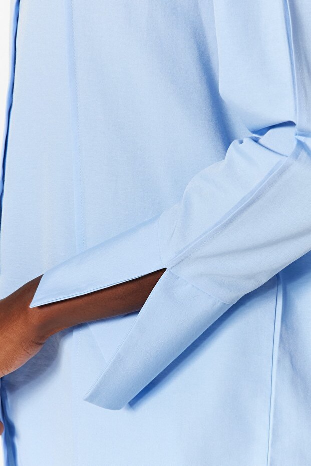 Açık Mavi Nervür Detaylı Kolları Yırtmaçlı Oversize Geniş Kesim Dokuma Gömlek TWOAW24GO00152 - 6