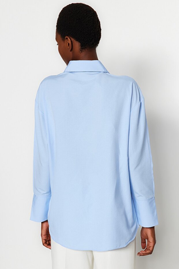 Açık Mavi Nervür Detaylı Kolları Yırtmaçlı Oversize Geniş Kesim Dokuma Gömlek TWOAW24GO00152 - 7