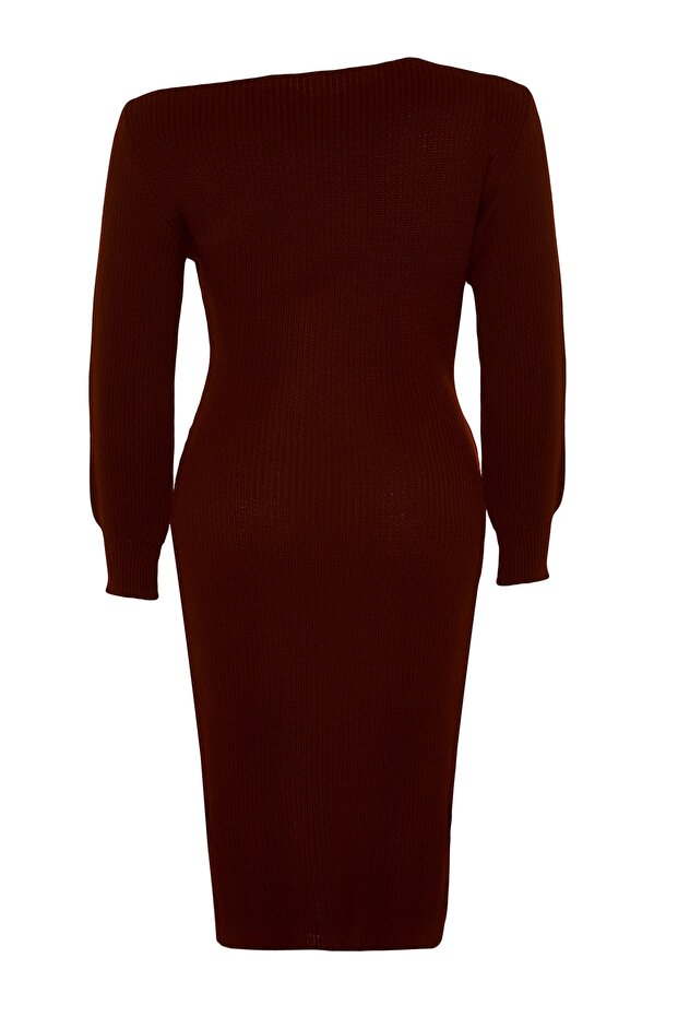 Klaretové červené asymetrické detailné úpletové šaty TBBAW24AH00002 - 8