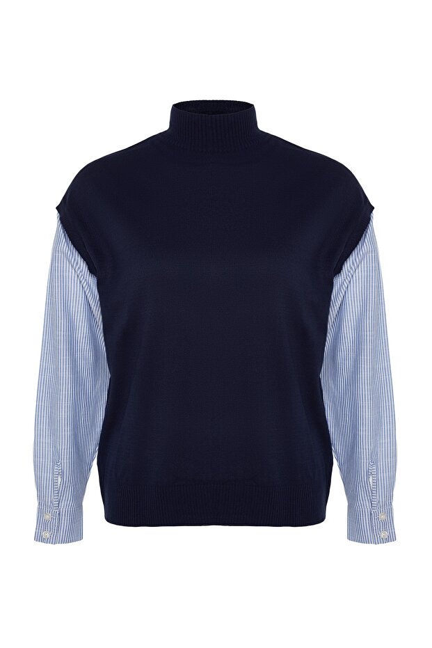 Granatowy, pasiasty, mieszany sweter z dzianiny - Tbbaw24An00017 - 6