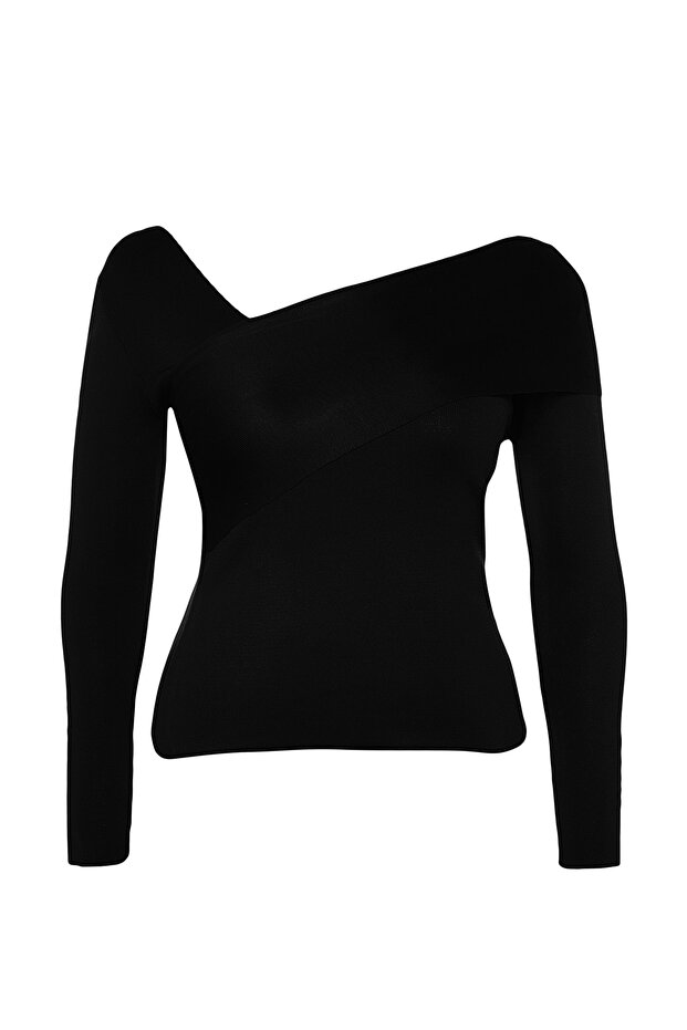 Czarny asymetryczny kołnierzyk, dopasowany do ciała, cienki sweterek TBBAW24AN00018 - 8