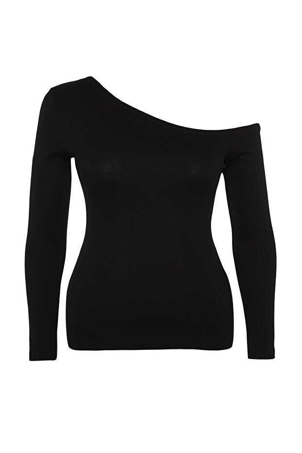 Siyah Fitted/Vücuda Oturan Omzu Açık Fitilli Pamuklu Esnek Örme Bluz TBBAW24AF00002 - 7