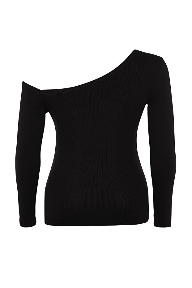 Siyah Fitted/Vücuda Oturan Omzu Açık Fitilli Pamuklu Esnek Örme Bluz TBBAW24AF00002 - 9