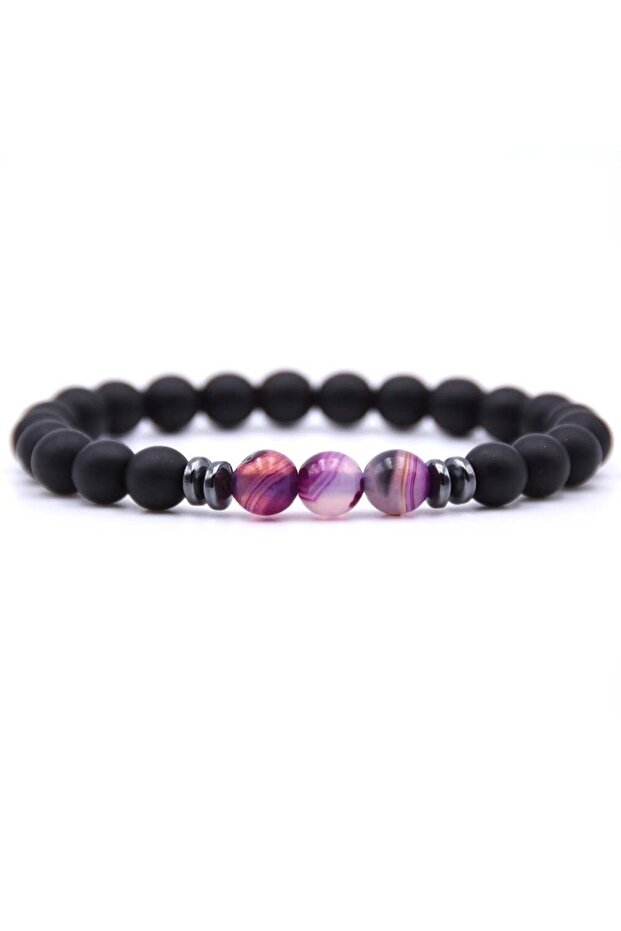 Onyx Hematite Purple Agate Natural Stone Bracelet