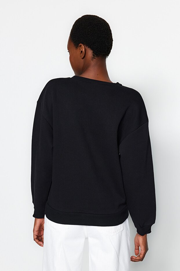 Siyah Kalın İçi Polarlı Slogan Nakışlı Relaxed/Rahat Kalıp Örme Sweatshirt TWOAW22SW1464 - 6
