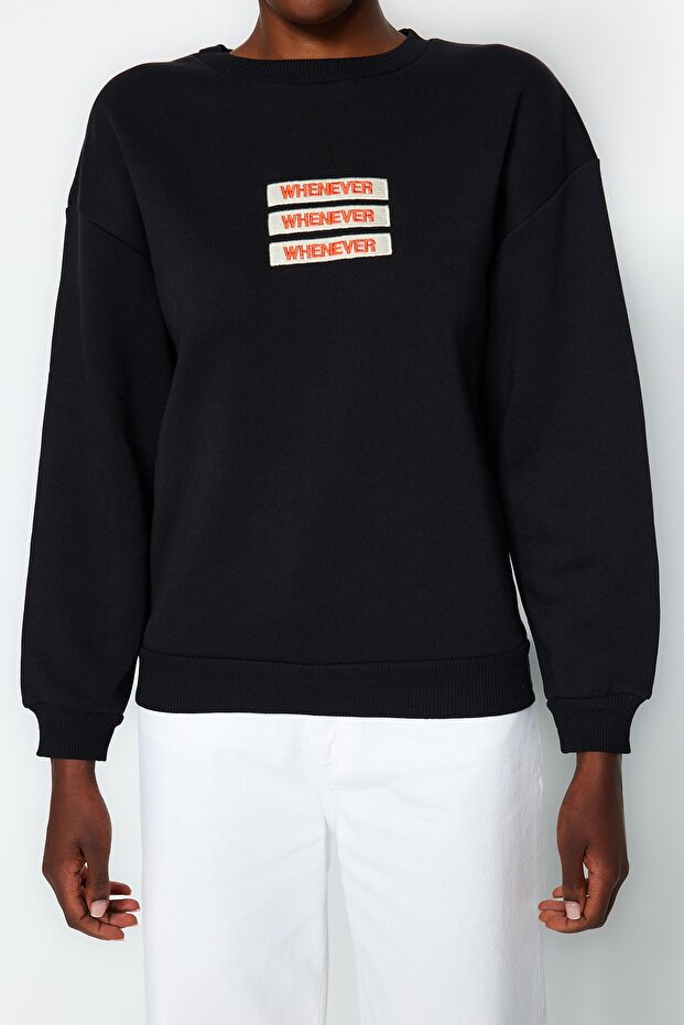 Siyah Kalın İçi Polarlı Slogan Nakışlı Relaxed/Rahat Kalıp Örme Sweatshirt TWOAW22SW1464 - 2