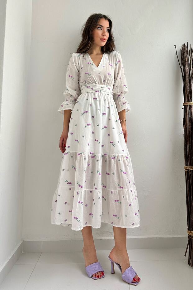 Mor Çiçek Nakışlı Gipeli Elbise - 1