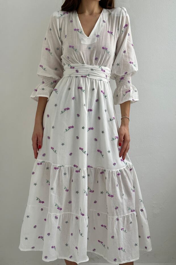 Mor Çiçek Nakışlı Gipeli Elbise - 4