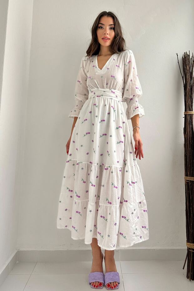 Mor Çiçek Nakışlı Gipeli Elbise - 5