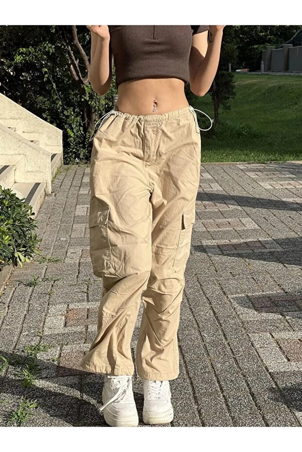 Parachute Fabric Cream Cargo Pocket Detail Adjustable Pants