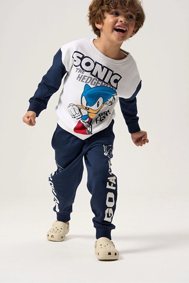 طقم بدلة رياضية للأطفال مكون من 3 خيوط ورقبة دائرية باللون الأزرق الداكن والأبيض من Sonic The Hedgehog
