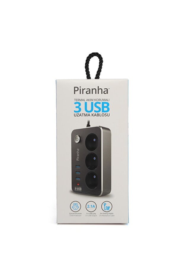 كابل تمديد محمي بالتيار الحراري، 3 مقابس، 3 USB، أبيض