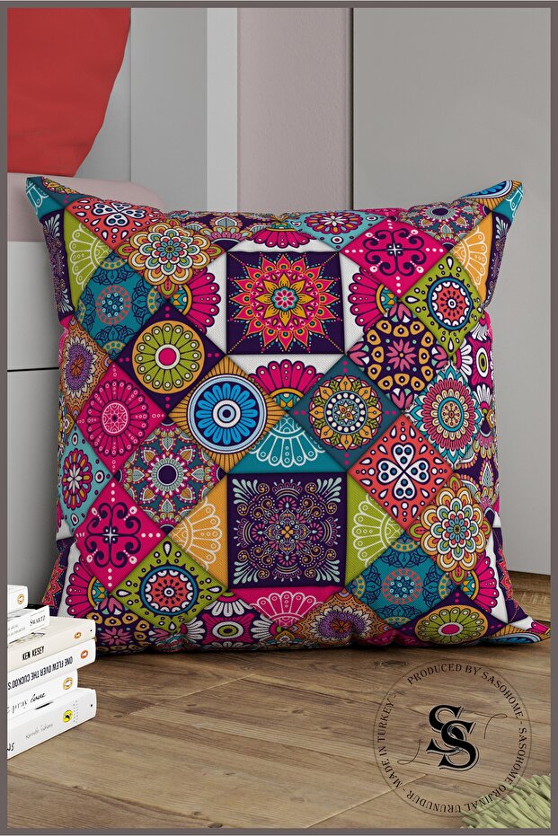 Patchwork Mandala Patterned Digital Printed Throw Pillow Cover - 1