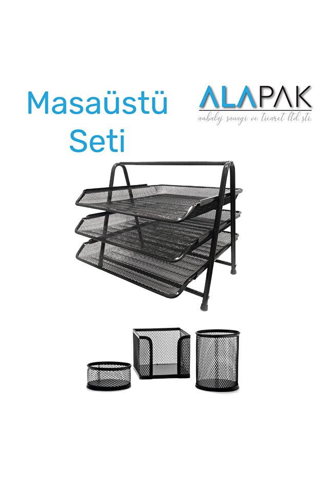 Metal Desktop Set Black (3-Piece Document Rack, Pen Holder, Paper Holder, Paper Clip)