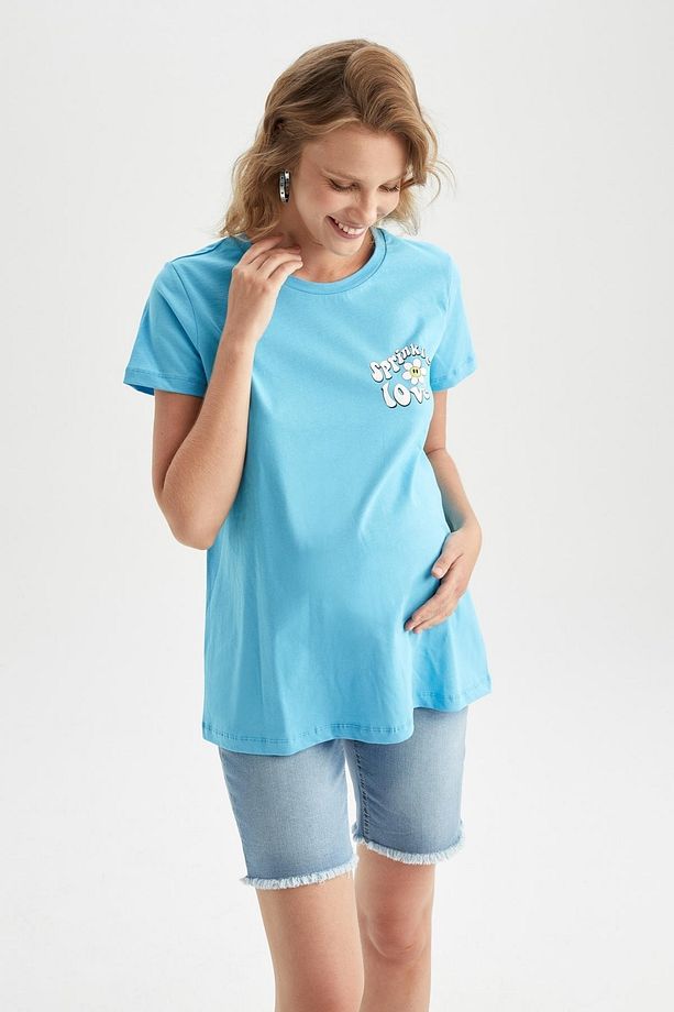 Regular Fit Slogan Baskılı Kısa Kollu Hamile %100 Pamuk Tişört - 5