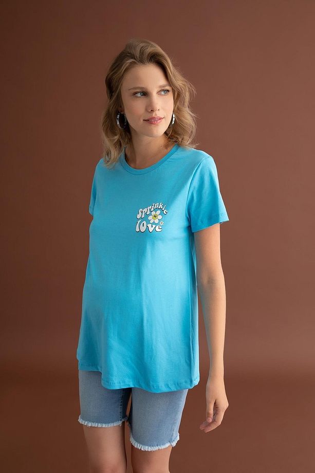 Regular Fit Slogan Baskılı Kısa Kollu Hamile %100 Pamuk Tişört - 8