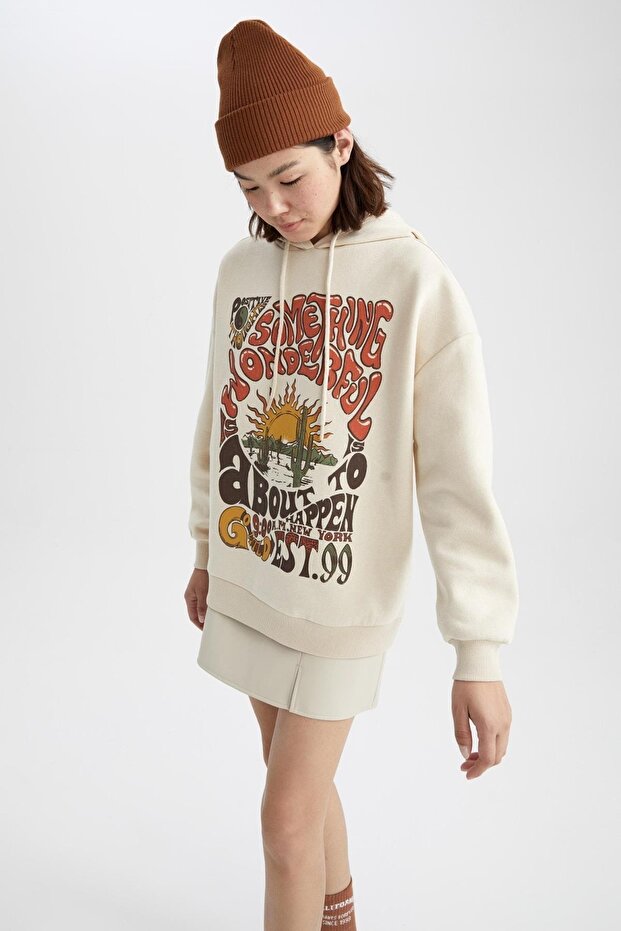 Oversize Fit Kapüşonlu Kalın Kumaş Sweatshirt - 4