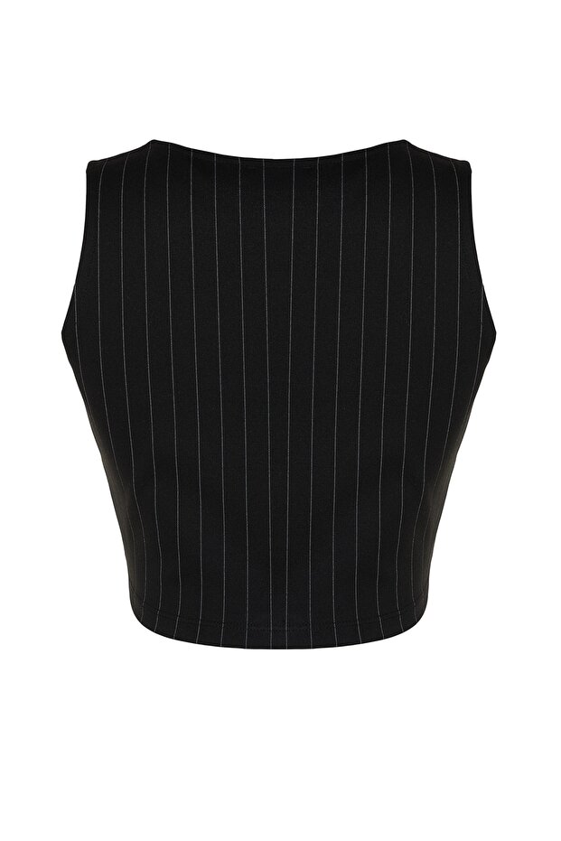 Siyah Regular Düğme Detaylı Çizgili Crop Yelek TWOSS23YE00037 - 8