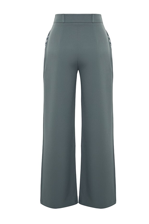 Indigo Yüksek Bel Wide Leg/Geniş Paça Pilili Dokuma Kumaş Pantolon TWOAW21PL0076 - 9